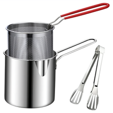 304不鏽鋼小型油炸鍋 帶濾網 家用省油 炸薯條/雞塊 附夾子, 12.5cm, SV61196, 1個