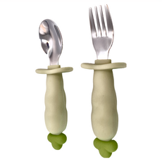 PiYOPiYO黃色小鴨鉑金矽膠316不鏽鋼學習蘿蔔湯叉 防護檔片矽膠握柄, 1組, 綠色