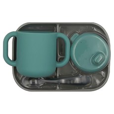 BEABA 矽膠學習餐具3件組 - 莫蘭迪藍 #913526, 餐盤260ml + 飲嘴杯170ml + 湯匙, 1組