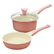 Happy Lambs 電磁爐適用鍋具組 粉色 單柄湯鍋+平底鍋, 1組, 16cm單柄湯鍋*1+16cm平煎鍋*1+16cm鍋蓋*1