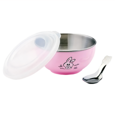 ZEBRA THAILAND 304不銹鋼兒童隔熱碗 Set, 雙層隔熱設計, 附上蓋防塵防汙設計, 直徑11公分, 250ml, 粉紅色, 1組, 附湯匙