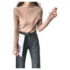 買到戀愛 女款韓版半高領彈性修身顯瘦針織上衣, F, 卡其