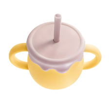 bebehome 矽膠兩用維尼蜂蜜水杯 整組 (水杯+水杯蓋+零食蓋+單吸管), 250ml, 1個, 粉蓋黃杯 撞色系