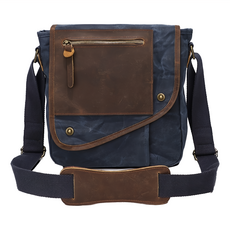 過蠟防潑水帆布配頭層瘋馬牛皮男士翻蓋豎款肩背包 單肩/斜挎 大容量主袋設計, 藍色, 24 x 12 x 26cm