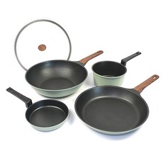 Kitchen-Art Modern系列 IH爐適用 不沾鍋五件組, 平底鍋28cm + 炒鍋28cm + 煎蛋鍋16cm + 單柄深鍋16cm + 玻璃鍋蓋28cm, 綠色, 1組