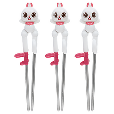 Edison 愛迪生 Friends 不鏽鋼動物造型右手學習筷 Set, 特殊手指環設計，防滑壓痕, 粉色兔子款, 3雙