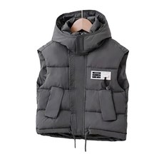 兒童秋冬羽絨棉背心, 連帽款, 尺碼100-150碼, 建議身高115~125cm, 灰色