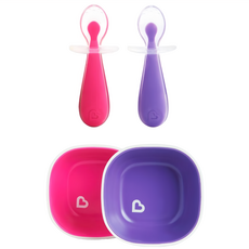 munchkin 滿趣健 矽膠學習湯匙2入和防滑碗2入套裝, 湯匙 + 防滑碗, 粉色 + 紫色, 1組, 2個