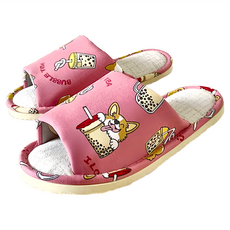 i Slippers 樂活系列 布質家居室內拖鞋, 台灣製造, 柔軟舒適, M, 珍奶柯基 粉