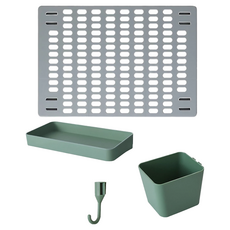 免打孔家用洞洞板置物架 Set 8 PS材質 洞洞板42x30cm 配件組(置物盤x1 收納盒x1 掛勾x5), 洞洞板 : 灰色 配件 : 綠色, 1組