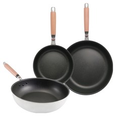 hokua 北陸 極大金IH輕量級不沾鍋3件組 日本製, 1套, 炒鍋 28cm + 平底鍋 28cm + 平底鍋 20cm, 銀色