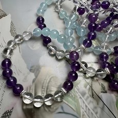 天然水晶手作手鍊手串手珠 礦物材質 紫水晶/白水晶/黃水晶/粉水晶/紅膠花/珍珠, 7~10mm, 款11