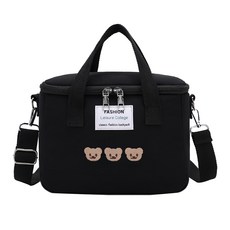 Mega 可愛刺繡小熊保溫包, 牛津布, 黑色, 24 x 13 x 19cm, 1個