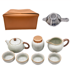 汝窯旅行茶具組 皮革收納包, 1組, 21.4 x 21.4 x 10.2cm, 米黃色