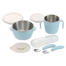 Richell 利其爾 TLI 雙層可拆式不鏽鋼禮盒, 雙層可拆式不銹鋼碗 + 雙層可拆式不鏽鋼雙耳杯 + 不鏽鋼叉匙組 +食用器吸盤, 藍色, 1組