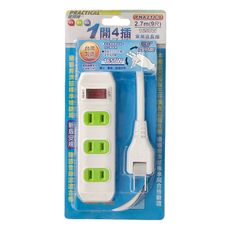 PRACTICAL 實用牌 1開4插 2P延長線 1650W 家用延長線 台灣製造, 2.7m, PNA214-9, 1條