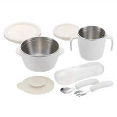 Richell 利其爾 TLI 雙層可拆式不鏽鋼禮盒 碗杯組 耐高溫學習餐具, 碗內370ml外360ml+ 杯子內260ml外250ml, 米色, 1組