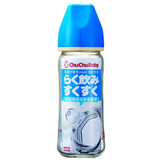 ChuChu 經典寬口徑玻璃奶瓶 超低熱膨脹係數α33耐熱玻璃 仿乳奶嘴, 藍色, 240ml, 1入