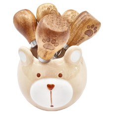 SHUEHO 樹可 水果叉家庭組 304不鏽鋼 相思木 強化瓷, 水果叉1.8 x 1.8 x 11.2cm ..., 熊熊站立, 水果叉1.8 x 1.8 x 11.2cm 20g 6支 + 收納罐8 x 6cm 175g, 1組