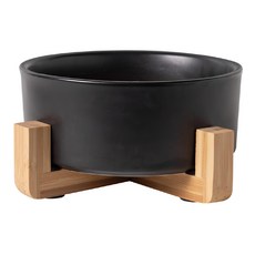 寵物陶瓷碗 5號直口碗 中 + 木架, 黑色, 1組