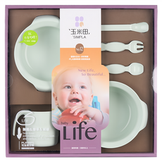 SIMPLA 玉米田 嬰童餐具六件式禮盒 6個, 綠色, 小豆莢湯匙 1個 + 小豆莢叉子(11.8 x 2.5 x 1 cm) 1個 + 加長餵食匙(14.9 x 2 x 0.8 cm) 1個 + 學習杯(200ml) 1個 + 淺碗(260ml) 1個 + 深碗(360ml) 1個, 1盒