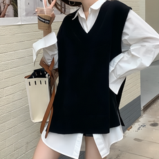 V領開岔素色外搭毛衣背心, F, 黑