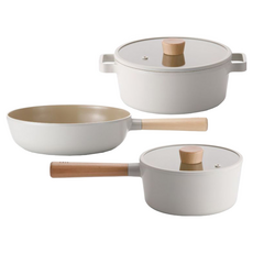 NEOFLAM 台灣原廠公司貨 FIKA系列 鑄造三鍋組, 湯鍋 + 單柄湯鍋 + 炒鍋, 米白色, 1組