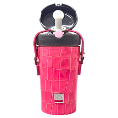 PURENINE Kids 頂級時尚彈蓋隨身保溫杯 戶外旅行兒童水壺 附杯套 + 背帶, 粉色皮套 + 黑蓋瓶, 290ml, 1個