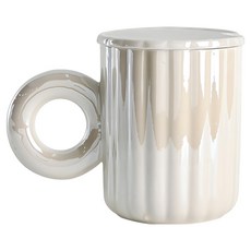 Homely Zakka 夢幻高顏值珍珠貝殼大耳朵陶瓷馬克杯/早餐杯/飲料杯 附杯蓋 + 花朵勺 禮盒裝 400ml, 珍珠白, 1盒