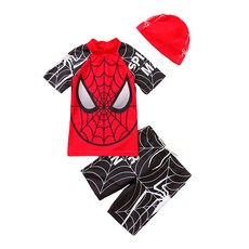 愛北鼻 男童蜘蛛人泳衣 -上衣+泳褲+泳帽, 1入, 黑色, XL碼
