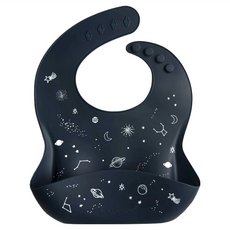 Loulou LOLLIPOP 寬口袋立體矽膠圍兜, 可愛設計圖騰手繪 防水材質 一件式好清洗 四段式扣環可隨脖圍調整, 黑色, 1件