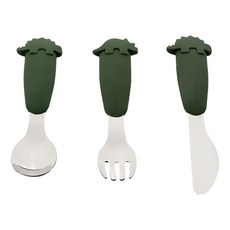 Citron 小檸檬 幼兒餐具3件組 304 絕緣不鏽鋼 矽膠手柄 SGS認證, 森林綠, 湯匙+ 叉子 + 刀子, 1組