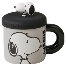 PEANUTS 史努比 陶瓷馬克杯 含公仔杯蓋, 黑色, 1個