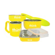 thinkbaby 環保不鏽鋼兒童餐具組, 碗+杯子+便當盒+湯匙, 檸檬黃, 1組
