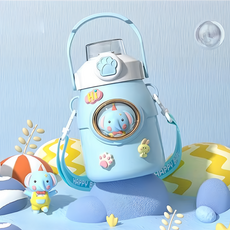 Mass 萌寵兒童不銹鋼保溫吸管杯 650ml, 冰霧藍 + 大象, 1個