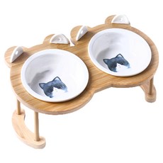 貓耳勺木架陶瓷碗, 藍貓雙碗 (2勺+2叉), 1組