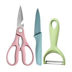 FRANCASINO 弗南希諾 麥桿彩色刀具 3件組 不鏽鋼刀面 PP麥桿材質, 剪刀 + 水果刀 + 削皮刀, 1組