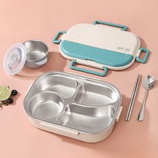 Homely Zakka 可微波超大容量不鏽鋼分隔保溫便當盒 4格 附餐具/湯碗, 1個, 北歐藍