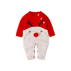 Kori Deer 可莉鹿 保暖聖誕麋鹿毛線針織長袖連身衣，可愛麋鹿造型，柔軟親膚，長袖保暖，節慶穿搭首選, 80cm/9-12個月, 紅色