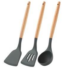 JUST HOME 耐熱矽膠廚具3件組 - 食品級矽膠材質 不沾鍋專用 櫸木握柄, 炒鏟 + 煎鏟 + 湯勺, 單色, 1組