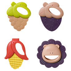 Niule 紐樂 嬰兒益智搖鈴 固齒器 四件組 多點啃咬 緩解寶寶出牙不適 呆萌造型牙膠, 1組