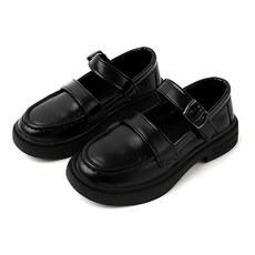 Rulushu 女童款基本款皮帶樂福鞋 黑色 舒適好穿搭 防滑耐磨, 225mm