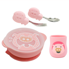 MARCUS&MARCUS 動物樂園用餐訓練學習禮盒組, 粉紅豬, 叉子、湯匙、碗、杯子、碗蓋, 1組