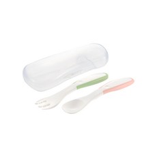 Richell 利其爾 TLI 寶寶學習用叉匙組，附收納盒, 粉色+綠色, 1組, 叉匙