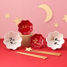 Mao's 樂陶陶 好愛先生太太禮盒組 6p, 花碗2個 + 花伴醬油碟2個 + 筷子2組, 混合色, 1組