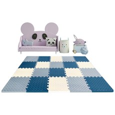 MOMOTARO 桃太郎地墊 極厚超Q樹葉紋巧拼地墊防撞瑜珈墊 附邊條, 32 x 32 x 2.5cm, 天鵝白+藍灰色+藏青藍, 36片