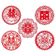 神崎家居 婚禮喜字靜電貼5件組 紅色 - 婚房裝飾 靜電窗貼 玻璃貼, 28 x 28cm