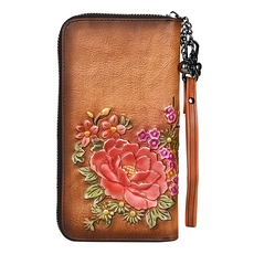 真皮頭層牛皮手工彩繪女士皮夾皮包錢包長夾女夾 LH953