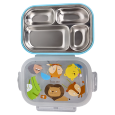 台灣晉億 不鏽鋼寶寶兒童密封無毒分隔餐盤, 單品, 藍色野餐, 1個