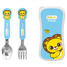 Edison 朋友 ST湯叉 Baby用 Set, 湯匙叉子套裝 學習餐具, 獅子 藍, 湯匙+叉子+收納盒, 1組